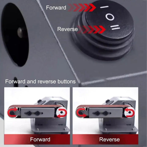 Versatile Wet Dry Belt Sander With Water Attachment For Minimal Dust Grinding And Polishing Metal Wood Plastic Acrylic Stone Adjustable Speed Up To 13000Rpm Includes Ten Abrasive Belts For Precision DIY Projects And Professional Finishing Tasks forward and reverse buttons on machine