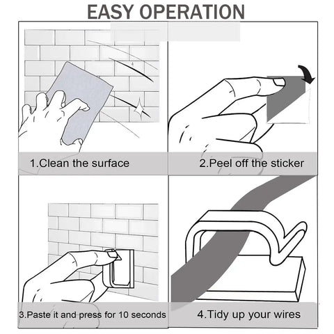 Diagram showing easy operation steps for 100 Pack Clear Adhesive Cable Clips Small And Strong Wire Holders For Desk Wall Car TV Ethernet Cables No Drill.