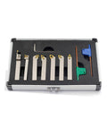 Heavy Duty Lathe Tool Holder Set With One Quarter Inch Shanks Seven Piece Nickel Plated CNC Tools in a storage case