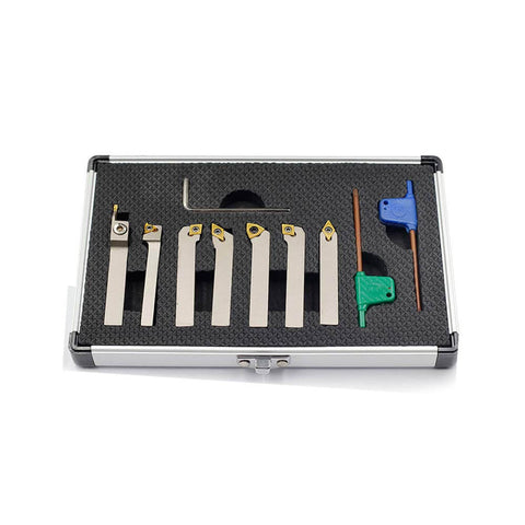 Heavy Duty Lathe Tool Holder Set With One Quarter Inch Shanks Seven Piece Nickel Plated CNC Tools in a storage case