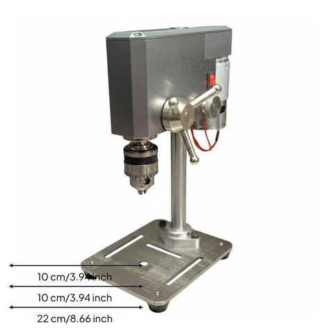 Close-up of Compact Mini Drill Press Desk Machine Adjustable 12-24V Power with 0.6-6mm Chuck for DIY projects.