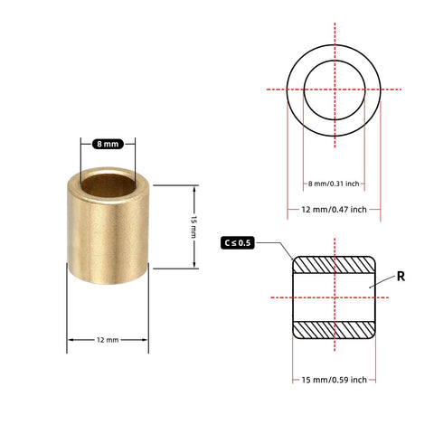 Oil-Impregnated Sintered Bronze Sleeve Bearing Bushing 8mm ID x 12mm OD x 15mm L Pack Of 5 Self-Lubricating Bearings For Low Friction Reduced Wear Quiet Operation In Continuous Rotation Machinery, dimensioned view