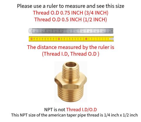 Brass Reducing Hex Nipple with ruler showing OD sizes 0.75 inch and 0.5 inch, part of Brass Reducing Hex Nipple Set One Quarter Inch NPT Male To One Half Inch NPT Male