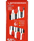 Set of six red-handled chrome molybdenum screwdrivers in a package with Rothenberger branding.