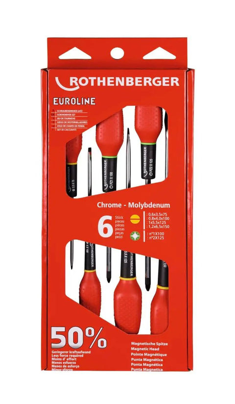 Set of six red-handled chrome molybdenum screwdrivers in a package with Rothenberger branding.