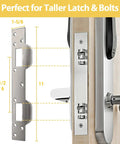 Beefed Up Heavy Duty Door Strike Plate Reinforcement For Exterior And Interior Doors With Dual Strike Holes, Fits 5 And A Half Inch Latch Openings, Improves Door Frame Security, Works With Deadbolts, Easy Install And Strong Jamb Support installed on a door with measurement guide.