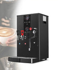 Top Shelf Electric Coffee Frothing Machine And Automatic Milk Steamer Built With Heavy Duty Stainless Steel For Pro Level Smooth Foam And Barista Grade Shots In Matte Black showcasing dual nozzles and control panel.