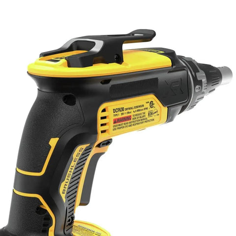 Side view of 20V Max Brushless Drywall Screw Gun Tool Only DCF630B, highlighting variable speed and four modes, black and yellow design