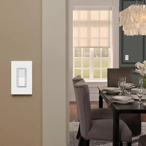 Room with a Caseta Smart Claro 3 Way Accessory Switch Pair With Diva Dimmer Or Claro Smart Switch Not For Standalone Use So You Can Do Multi Location Setups With Up To 10 Accessories White on the wall.