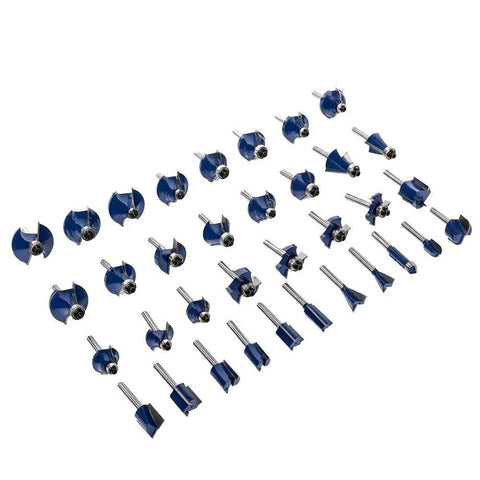 Eighty piece quarter shank tongue and groove router bit set featuring carbide edges for woodwork.