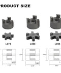 Front view of three gray L-jaw coupling hubs with Buna-N rubber spider for log splitter; sizes L075, L090, L095