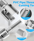 Close-up of dual function PVC pipe threader kit showing sharp cutting edge and carbon steel for home repair DIY plumbing projects.