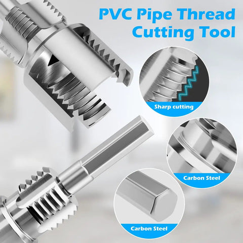 Close-up of dual function PVC pipe threader kit showing sharp cutting edge and carbon steel for home repair DIY plumbing projects.