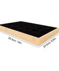 Dope Black Wooden Jewelry Tray With 24 Soft Padded Slots For Rings Bracelets Bangles And Chains Scratch Resistant Storage Holder Box side view with dimensions.