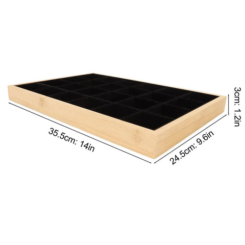 Dope Black Wooden Jewelry Tray With 24 Soft Padded Slots For Rings Bracelets Bangles And Chains Scratch Resistant Storage Holder Box side view with dimensions.