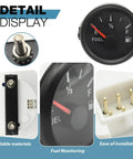 Close-up of 52mm Boat Fuel Level Gauge 9 To 32V DC Marine Gas Tank Meter with 73-10 Ohm Sensor and components, clear night light display