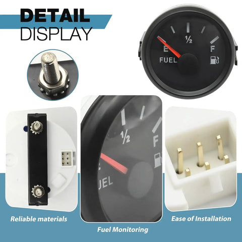 Close-up of 52mm Boat Fuel Level Gauge 9 To 32V DC Marine Gas Tank Meter with 73-10 Ohm Sensor and components, clear night light display