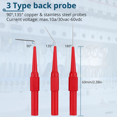 Back Probe Kit 35 Piece Automotive Test Leads Set With Storage Box showing three red probes at angles 90°, 135°, 180°