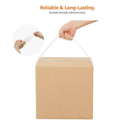 Beefy Packing Tape For Moving And Shipping Clear 2 Inch By 60 Yards 2.7 Mil Thickness Heavy Duty Adhesive holding a box