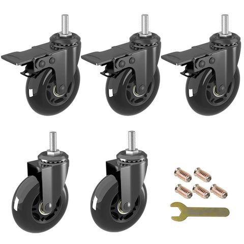 3 Inch Swivel Stem Caster Wheels Set Of 5 With 5/16-18UNC Threaded Stem Heavy Duty Silent Non Marring Polyurethane Casters shown with brakes