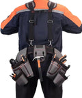 Professional Carpenter Tool Belt With Adjustable Suspenders Multi Pocket Hammer Loop And Built Tough Weight Distribution For The Daily Jobsite Grind worn on back with tools organized in pockets.