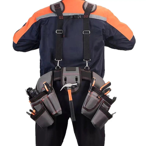 Professional Carpenter Tool Belt With Adjustable Suspenders Multi Pocket Hammer Loop And Built Tough Weight Distribution For The Daily Jobsite Grind worn on back with tools organized in pockets.