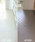 Before and after of DIY Budget Friendly Floor Coating Kit For Home Interiors Semi Gloss Aged Gray Water Based Finish on tiled floor