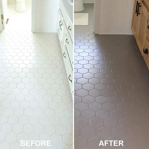 Before and after of DIY Budget Friendly Floor Coating Kit For Home Interiors Semi Gloss Aged Gray Water Based Finish on tiled floor