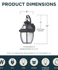 Diagram showing dimensions of Newbury 14 Inch Outdoor Wall Lantern in Mystic Black With Clear Beveled Glass and brass construction.