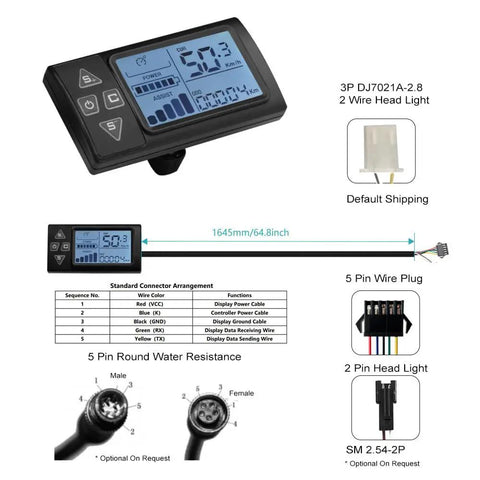 Backlit LCD Display For Electric Bikes 36V 48V Control Panel Digital Meter Easy Readout For E Bike Scooter Upgrades And Mods SW861 High Visibility Screen with connectors shown