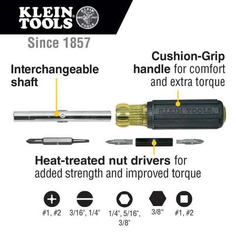 Heavy Duty 10 In 1 Multi Bit Screwdriver Nut Driver With Interchangeable Shafts And Six Universal Tips for Ph Sl Sq Hex Driver Bits Klein Tools