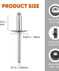 100 Piece Set 3/16X1/2 Inch Large Flange Blind Rivets Hardcore Stainless Steel Pop Fasteners Built Different With Super Tough Rust Proof Grip For Sheet Metal Diy Builds product size and dimensions illustration.