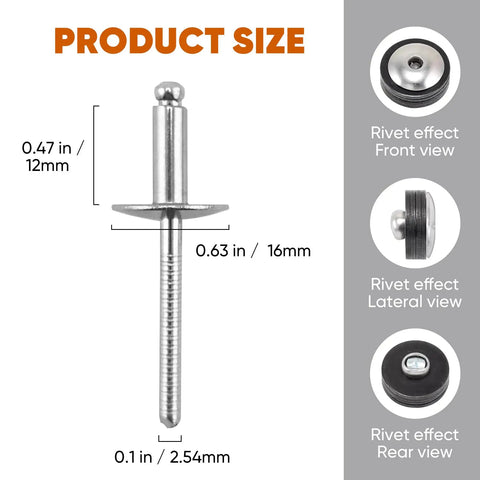 100 Piece Set 3/16X1/2 Inch Large Flange Blind Rivets Hardcore Stainless Steel Pop Fasteners Built Different With Super Tough Rust Proof Grip For Sheet Metal Diy Builds product size and dimensions illustration.