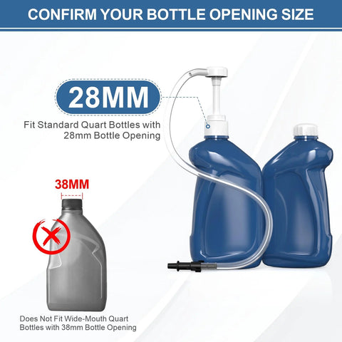 Two-pack fluid transfer pumps for standard 28mm quart bottles, 10cc per stroke, with clear tubing, shown with blue quart bottles