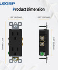 Matte Black Decorator Outlet 15A 125V Wall Receptacle NEMA 5-15R Self-Grounding Non-Tamper Resistant dimensions view