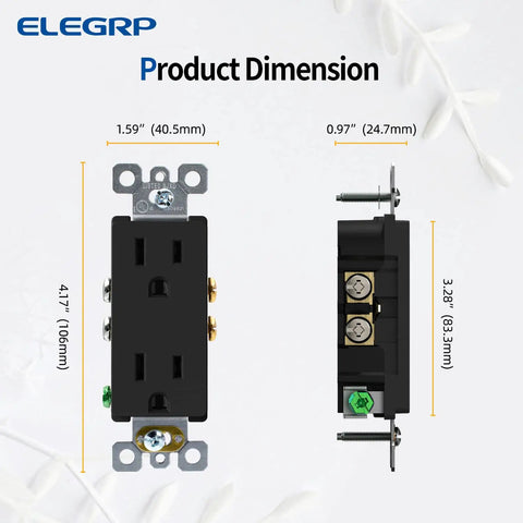 Matte Black Decorator Outlet 15A 125V Wall Receptacle NEMA 5-15R Self-Grounding Non-Tamper Resistant dimensions view