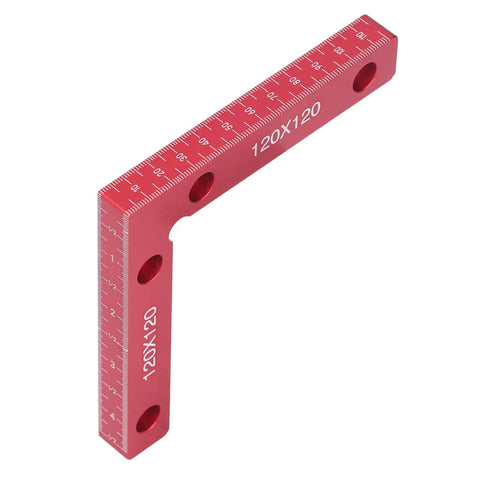 Sturdy Right Angle Clamps 2 Pack Aluminum Alloy Positioning Tools For Woodworking And Crafts To Make Perfect Square Corners Every Time With Clear Red Measurement Scale For Pros Who Need Reliable Balance And Precision On The Job Site Now, showing a red aluminum alloy 90-degree clamp with measurement scale.