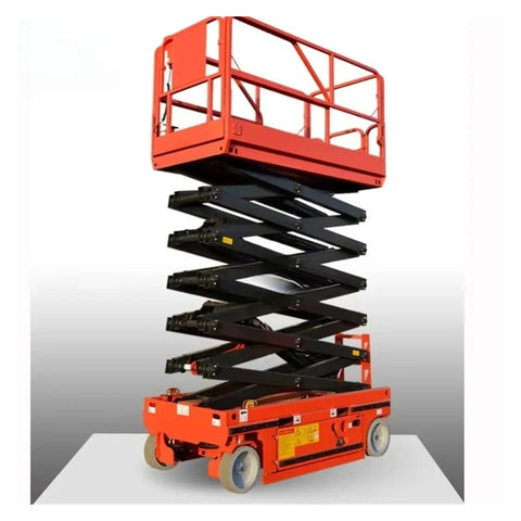 Killer Electric Scissor Lift Heavy Duty Mobile Scaffold Hydraulic Aerial Work Platform Built like a Tank with Overload Protection for Gritty Job Sites Smooth Operator Design raised with black hydraulic legs.