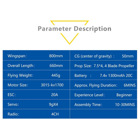 Parameter description showing specs for F4U Corsair 800mm RC Plane Blue Ready To Fly 4 Channel Remote Control Airplane