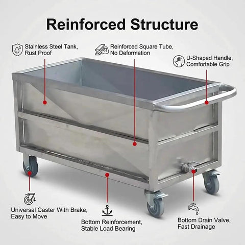 Industrial Stainless Steel Utility Cart With Locking Swivel Wheels And Deep Soak Tank Built For Heavy Hauling Commercial Laundry Prepping Kitchen Supplies And Daily Moves showing reinforced structure and features.