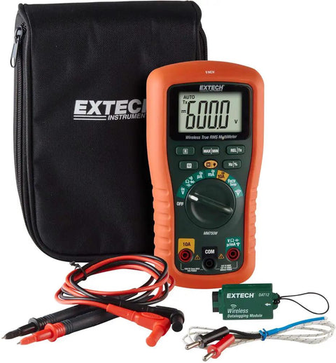 Datalogging Cat IV True RMS Multimeter with Bluetooth connectivity, probes, case, and module for wireless data logging.