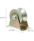 Four Piece Heavy Steel V Groove Caster Wheels For Sliding Gates And Store Doors With Precision Machined Pulley Block shown from side with dimensions.