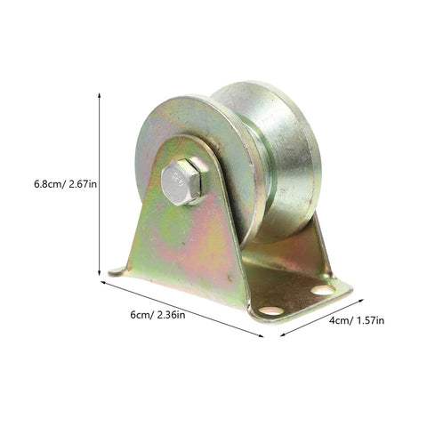Four Piece Heavy Steel V Groove Caster Wheels For Sliding Gates And Store Doors With Precision Machined Pulley Block shown from side with dimensions.
