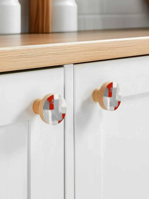 Top Shelf 2 Piece Cabinet Knobs Featuring Sleek Abstract Graffiti Prints In Bold Red And Charcoal Grey Solid Beech Wood Drawer Pulls For Kitchen Cupboard Doors Smooth To The Touch With Killer Durability And Pure Dope Style on white cabinets.