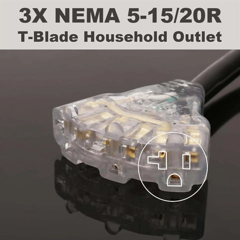 Close-up of a 3-outlet end of a 30 Amp RV and Generator Power Cord with TT-30P Male to Three 5-15R 5-20R T Blade Outlets LED Indicator.