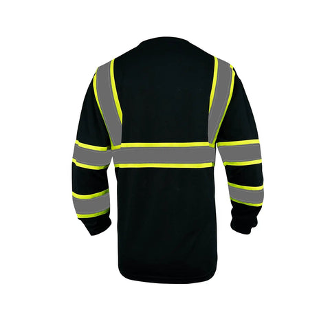 Hi Vis Long Sleeve Safety Shirt 3 Pack With 360 Degree Reflective Strips Breathable Black Unisex Work Shirt Back View