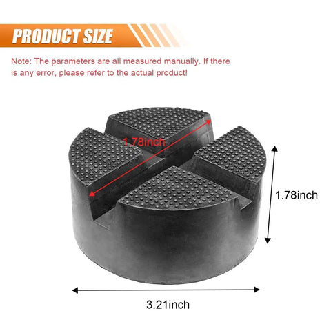 Heavy Duty Rubber Cross Slotted Jack Adapter Puck Pad measuring 3.21 inches wide and 1.78 inches high for vehicle stability.