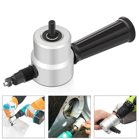Dope Double Head Metal Nibbler Cutter With Nonslip Handle Fits Electric Drill for easy sheet metal cuts, showcasing precision design.