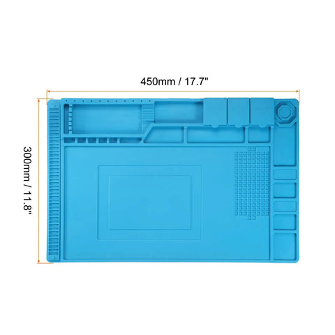 Rock Solid Silicone Magnetic Soldering Mat For Electronics Repair Heat Resistant Non Slip Anti Scald Blue Wrist Rest Pad 17 By 11 8 Inches, top view showing compartments.