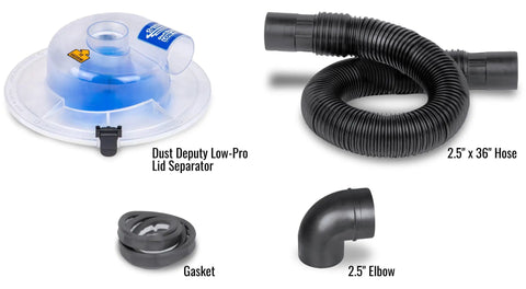 Low-Pro Plus Cyclone Dust Separator for Shop Vacuums, High-Flow Dust Collection Kit With 2.5 In Adapter And 3 Ft Hose, components